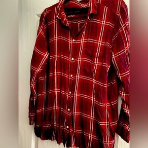 Button Down top. Red/Burgundy plaid.